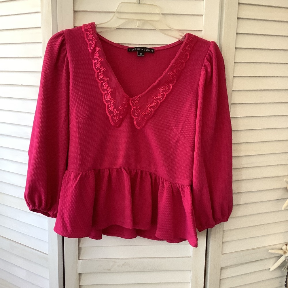 Pink peplum top lace v neck 3/4 sleeve